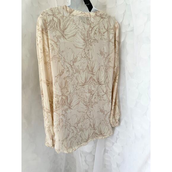 Cynthia Rowley M Beige Toile Palm leaf print chiffon blouse long sleeve V neck - Picture 5 of 9